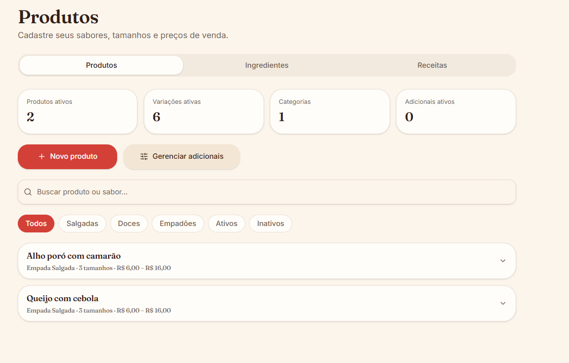 Tela de Produtos do Claudinha App com produtos ativos, variações, categorias, filtros por tipo e lista de sabores com tamanhos e preços