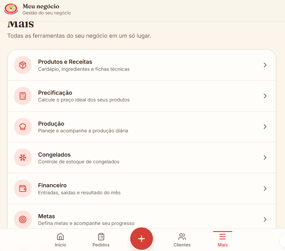 Tela Mais do Claudinha App com os módulos Produtos e Receitas, Precificação, Produção, Congelados, Financeiro e Metas